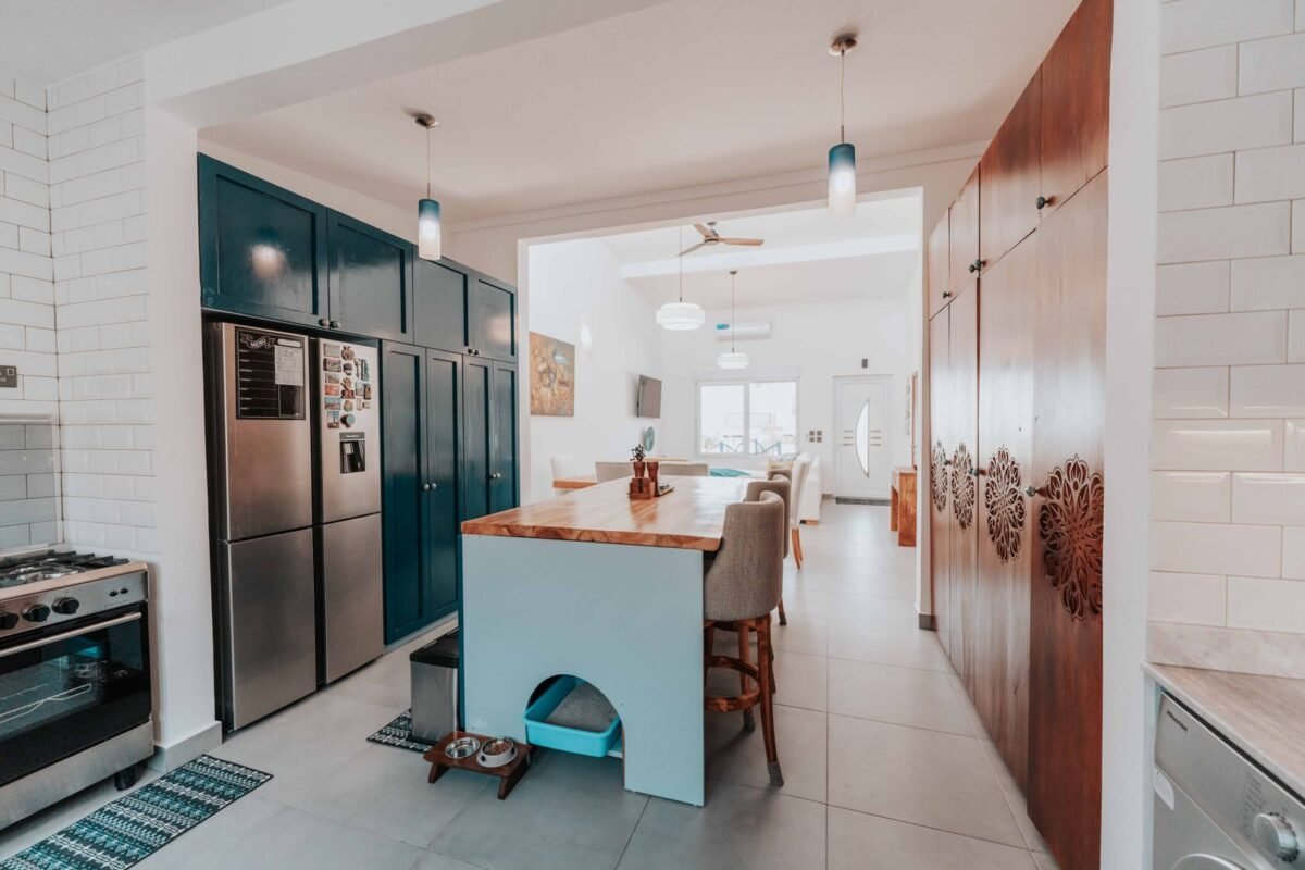 Open kitchen layout with a central island and clear walkways on each side